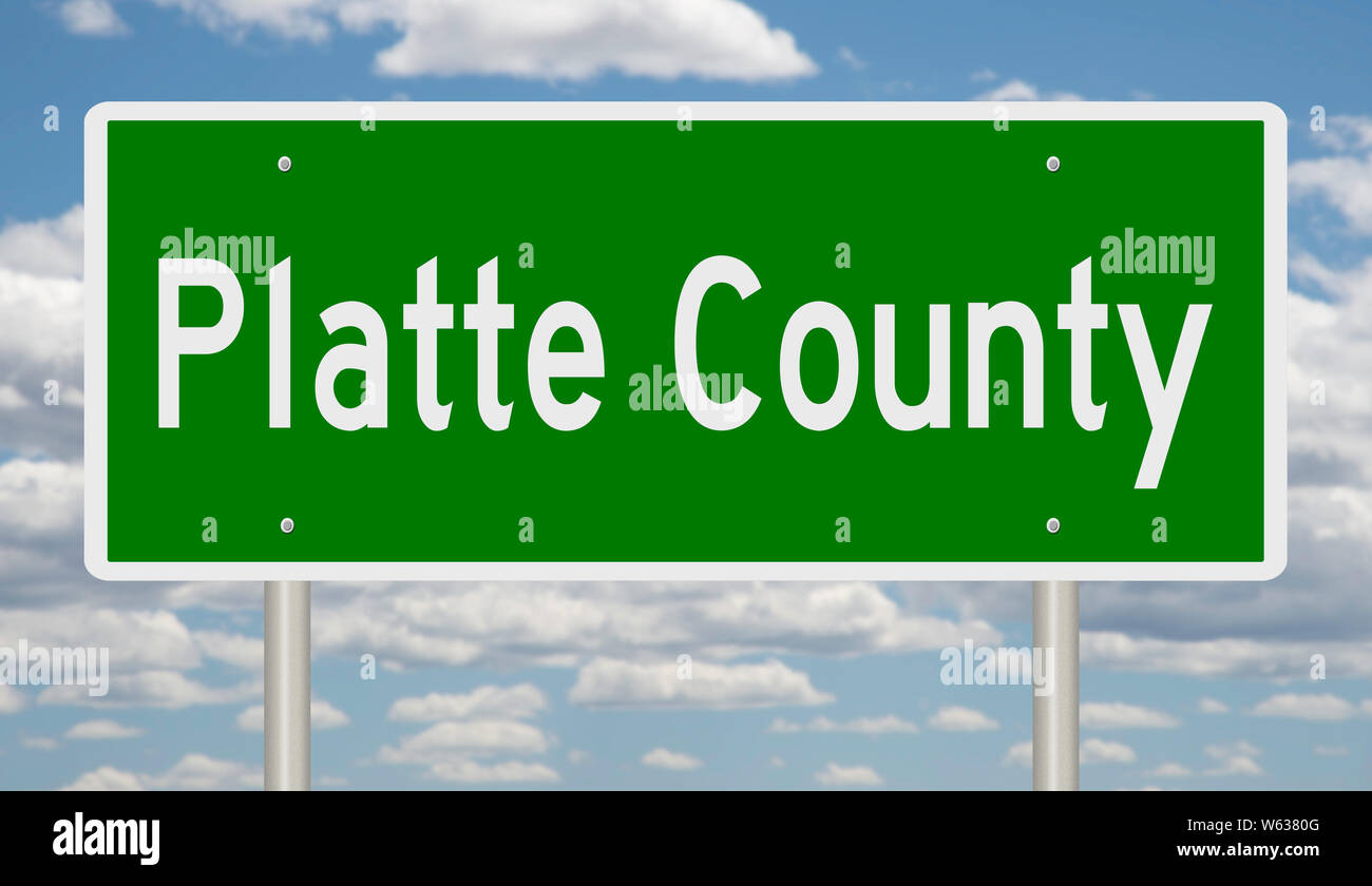 Rendering of a green highway sign for Platte County Nebraska Stock