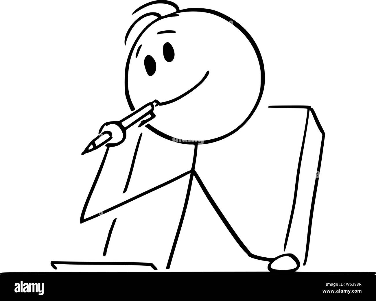 Vector cartoon stick figure drawing conceptual illustration of creative man or businessman or writer thinking about something, with ballpoint pen in mouth and piece of paper on the table. Stock Vector