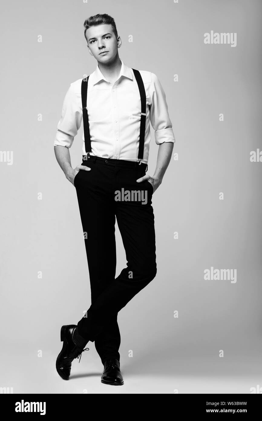 Young Funny Smilling Man On Gray Background In Classic Style Black And White Photo Stock Photo Alamy