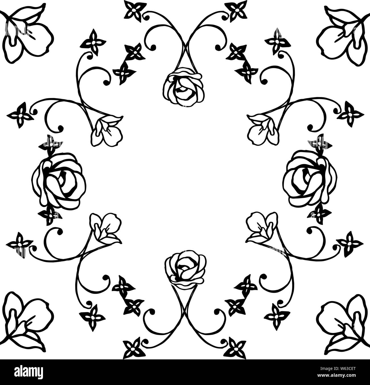 Black line art on white background, leaves and flower frame elegant ...