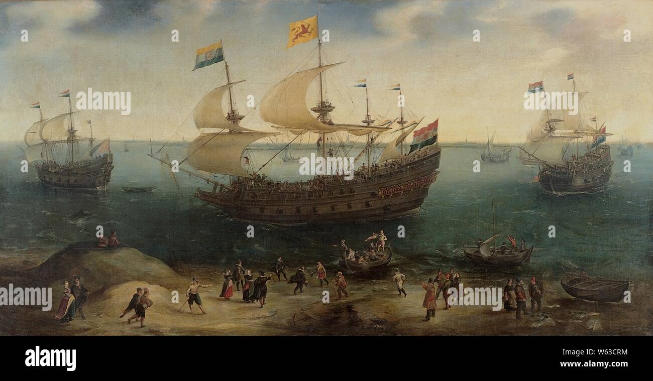 De Amsterdamse viermaster 'De Hollandse Tuyn' en andere schepen na terugkeer uit Brazilië onder bevel van Paulus van Caerden Stock Photo