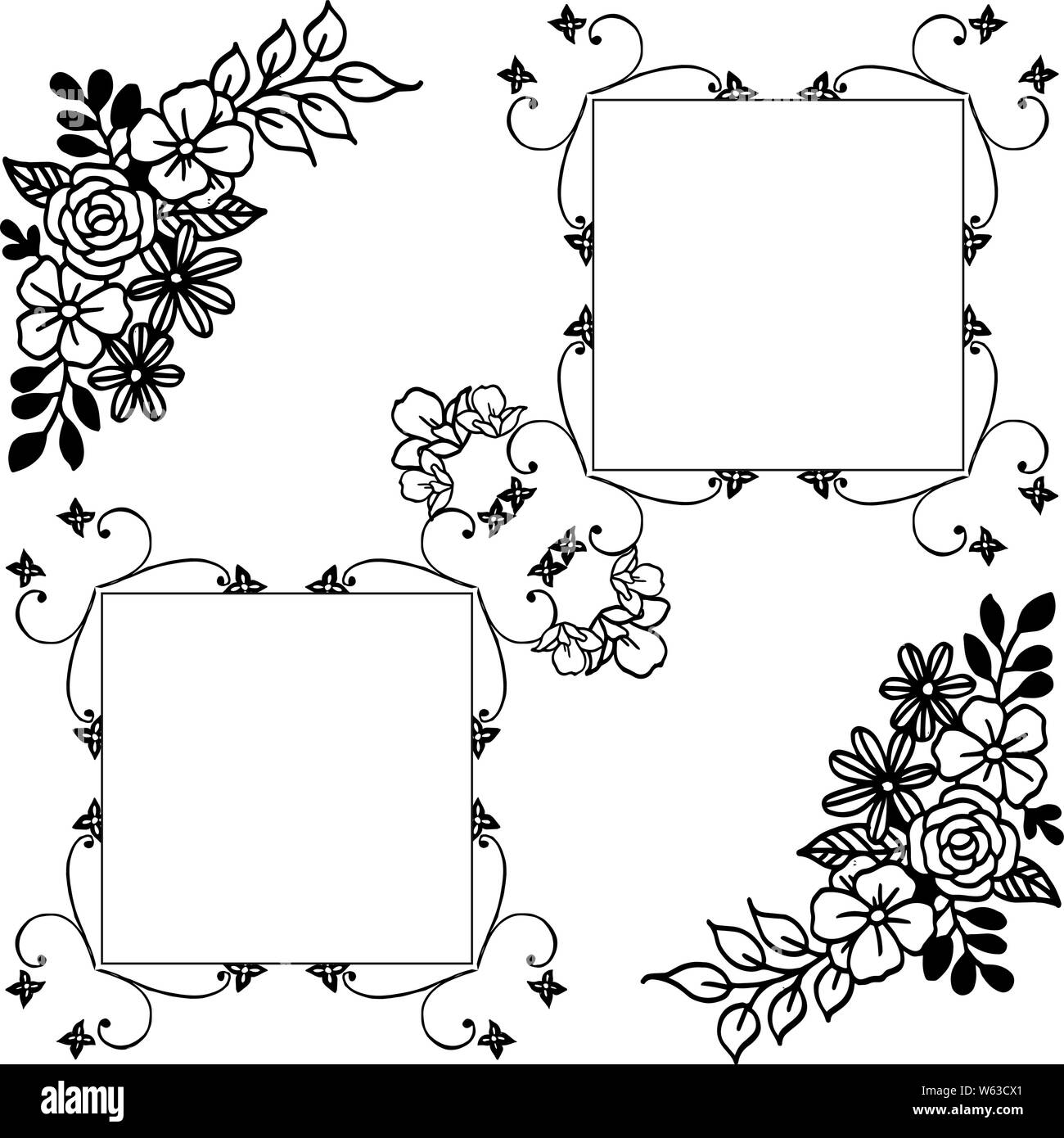Black line art on white background, leaves and flower frame elegant ...