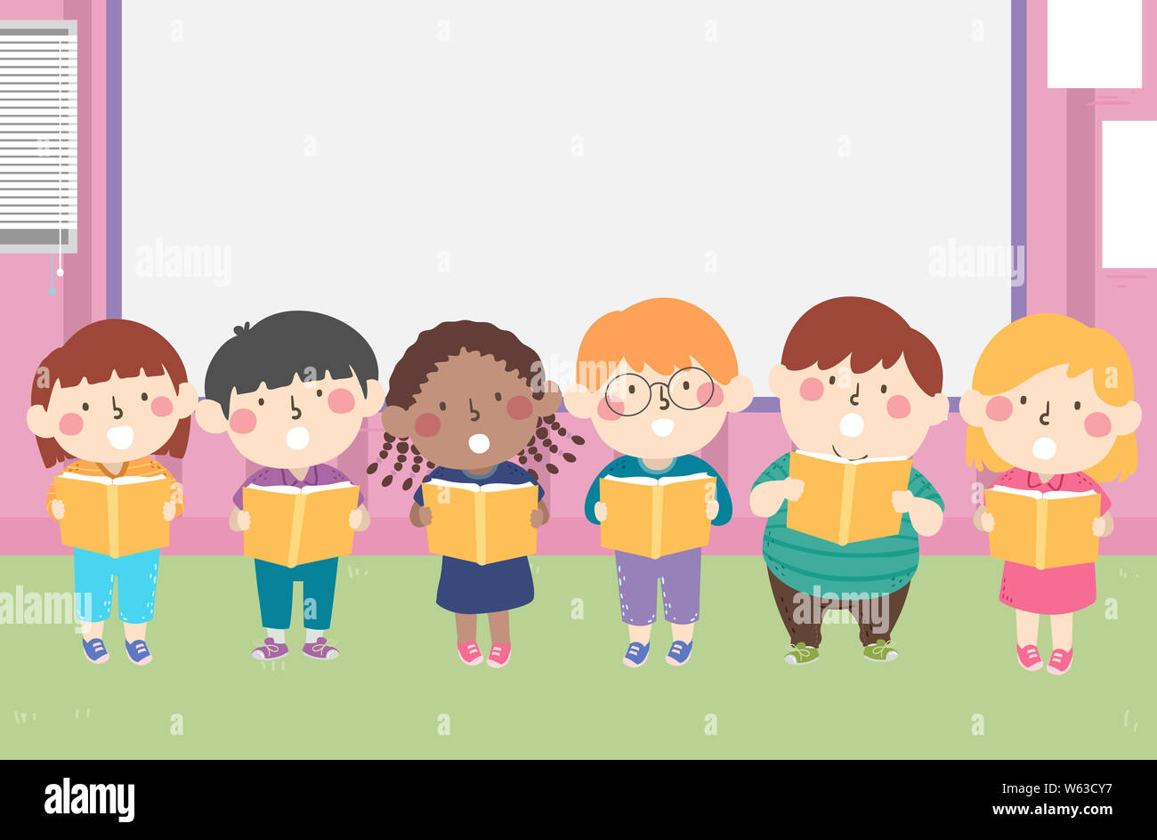 Illustration of Kids Standing In Front and Reading a Book Together