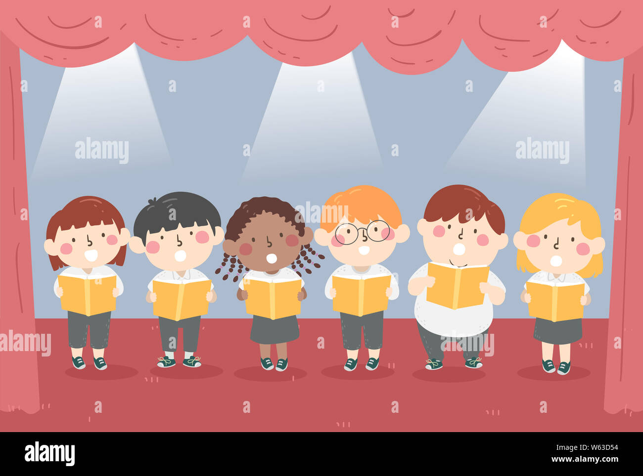 Illustration of Kids Students Standing on Stage and Reading a Book