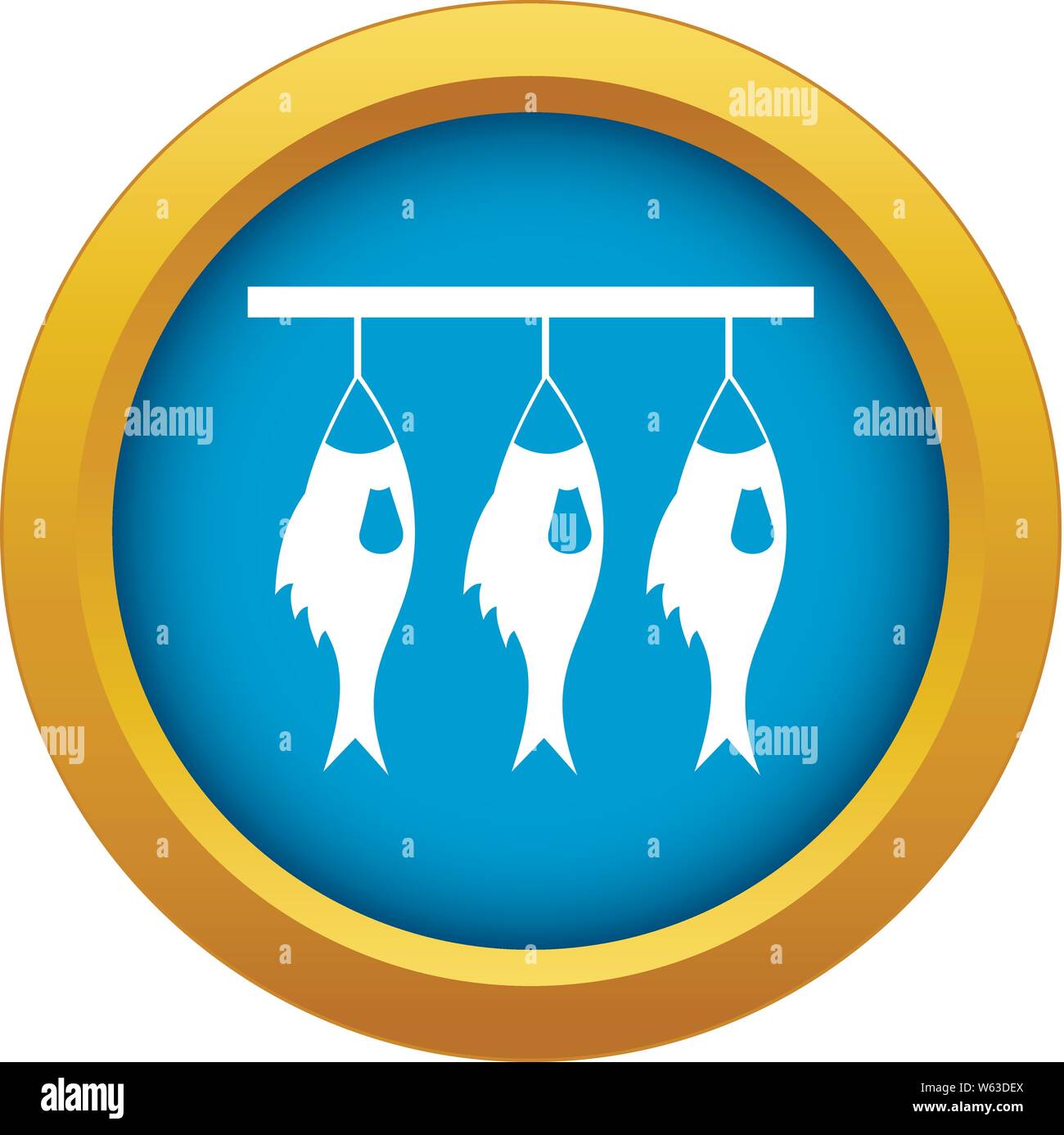 Three dried fish hanging on a rope icon blue vector isolated Stock