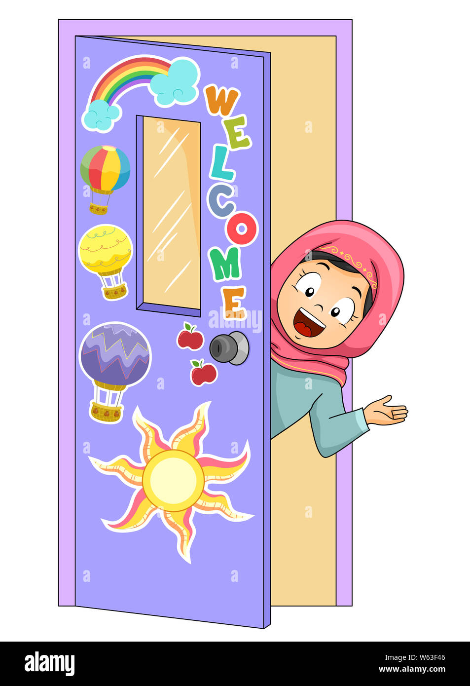 Illustration of a Kid Girl Wearing Hijab Peeking From Inside the Classroom  Door Welcoming People Stock Photo - Alamy, image size:953x1390