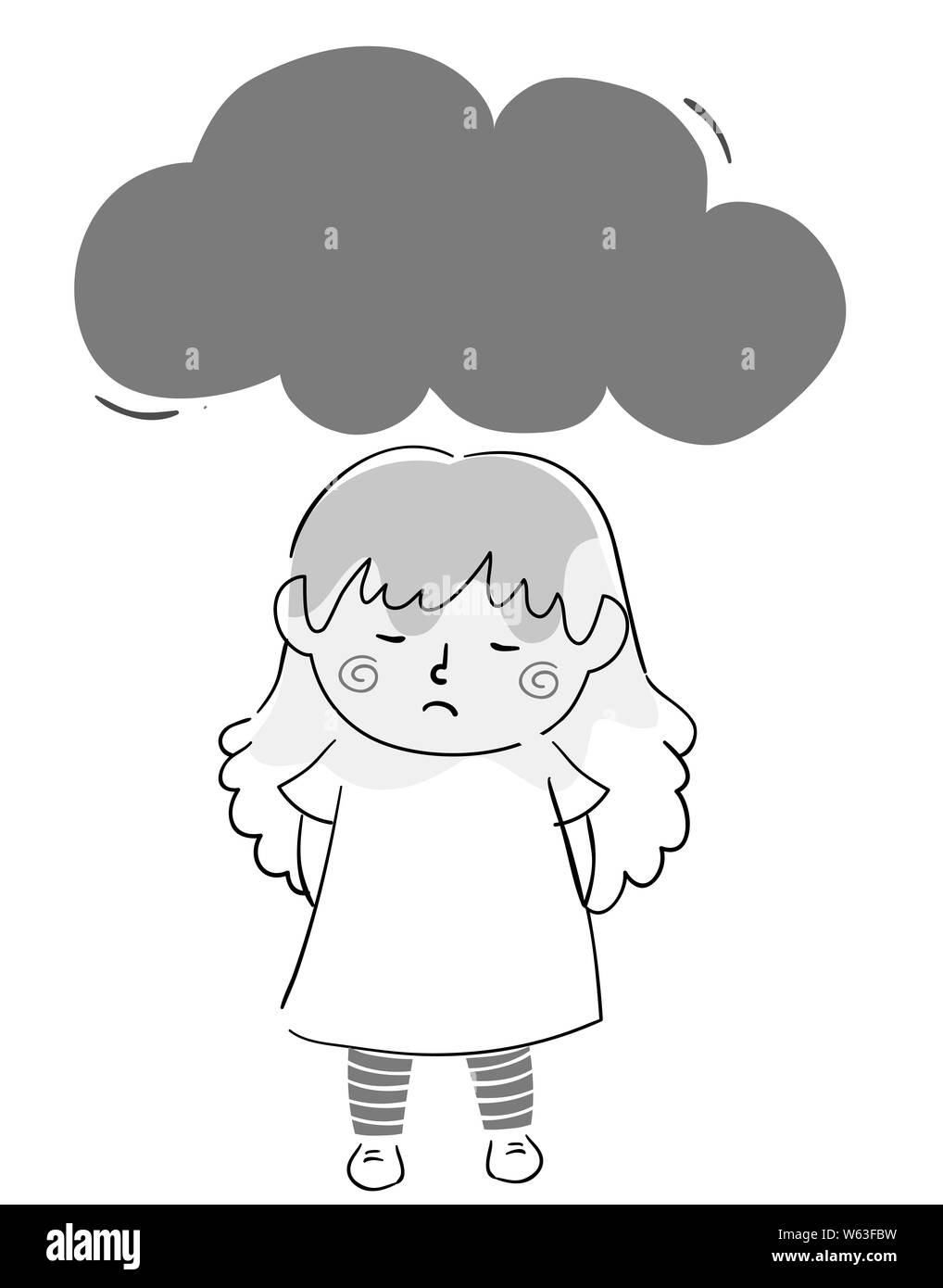 Illustration of a Kid Girl Doodle with Dark Cloud Hanging Over Her Head Stock Photo