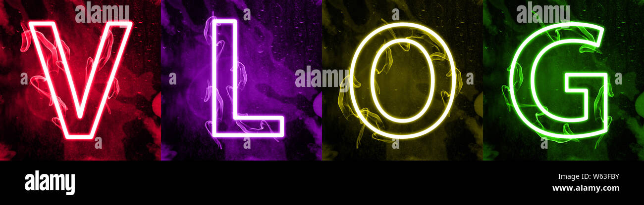 Social media's interactions in colorful neon light. Internet digital  marketing, modern mass media's term. Sign against dark background. Stylized  colorful letters of VLOG banner Stock Photo - Alamy