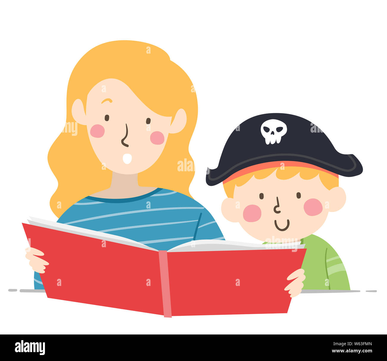 Illustration of a Kid Boy Wearing Pirate Hat and Listening to His Mother Reading a Book Stock Photo