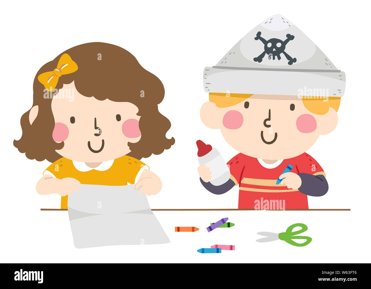 Illustration of Kids Making Paper Pirate Hats Using Glue, Crayons, Paper and Scissors Stock