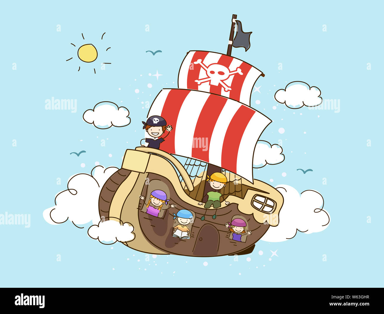 Illustration of Stickman Kids Wearing Pirate Costume Riding a Ship Floating in the Sky Stock Photo