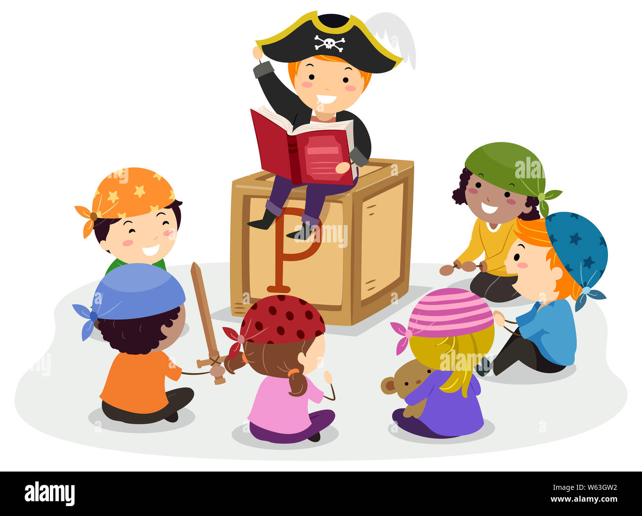Illustration of Stickman Kids Wearing Pirate Costume with a Kid Boy Reading  a Book and Telling a Story Stock Photo - Alamy