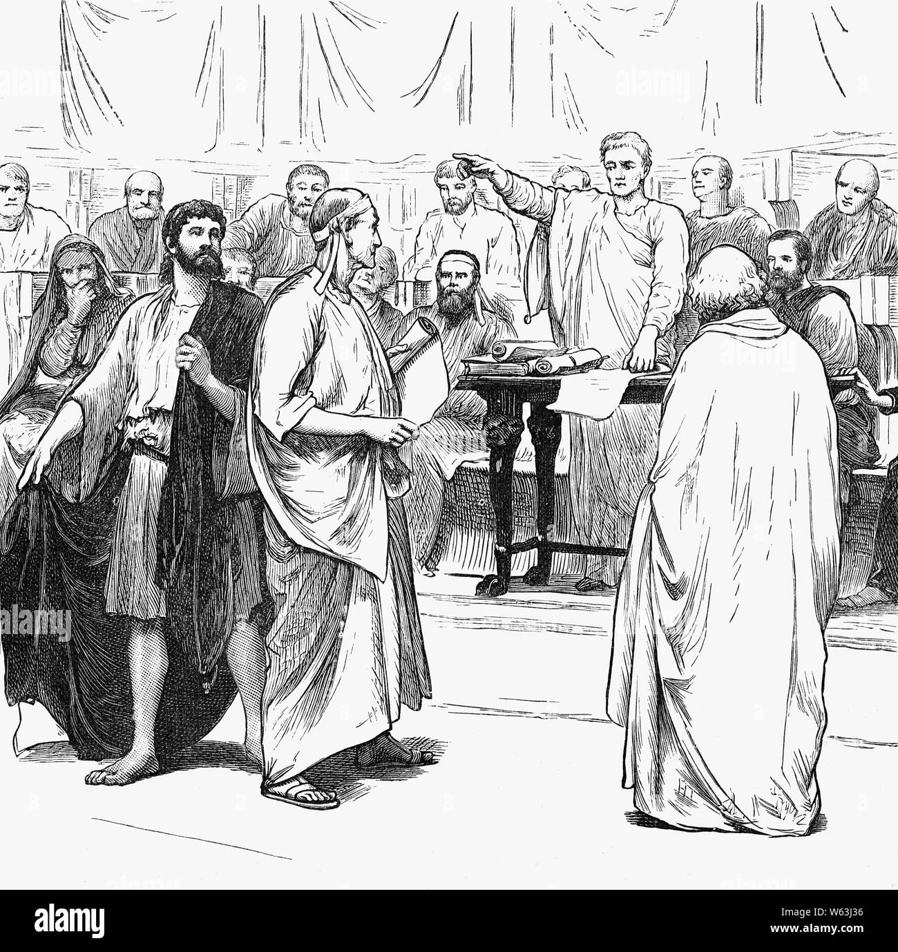 The expulsion from Rome of the Sophists,  by Cato the Elder (234–149 BC), born Marcus Porcius Cato and also known as Cato the Censor; Cato the Wise; and Cato the Ancient, a Roman soldier, senator and historian known for his conservatism and opposition to Hellenization. The Sophists were teachers who taught subjects such as music, athletics, and mathematics predominantly to young statesmen and nobility.  During the Second Sophistic, the Greek discipline of rhetoric heavily influenced Roman education. Stock Photo