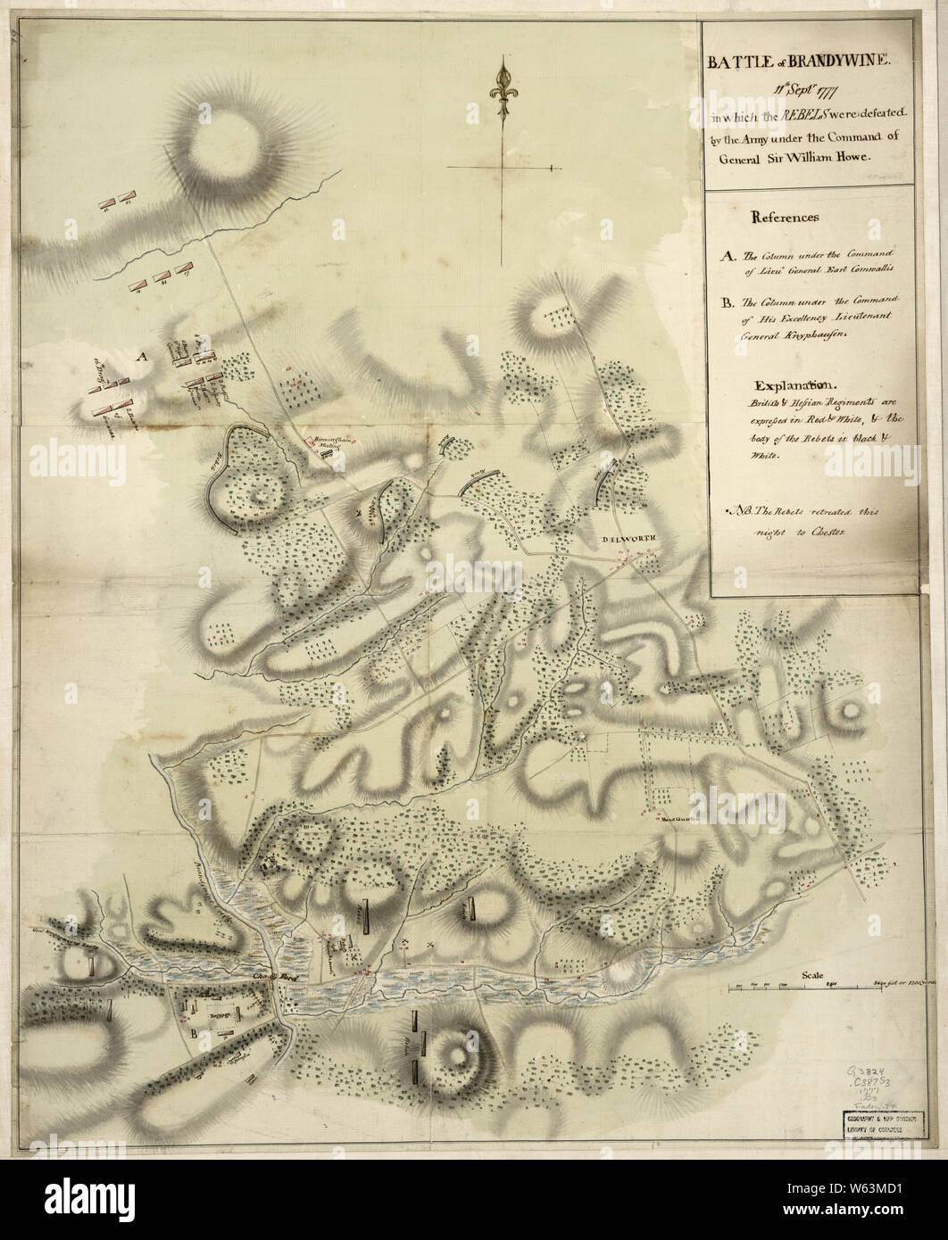 American Revolutionary War Era Maps 1750-1786 324 Battle of Brandywine 11th Septr 1777 in which the rebels were defeated by the army under the command of Rebuild and Repair Stock Photo