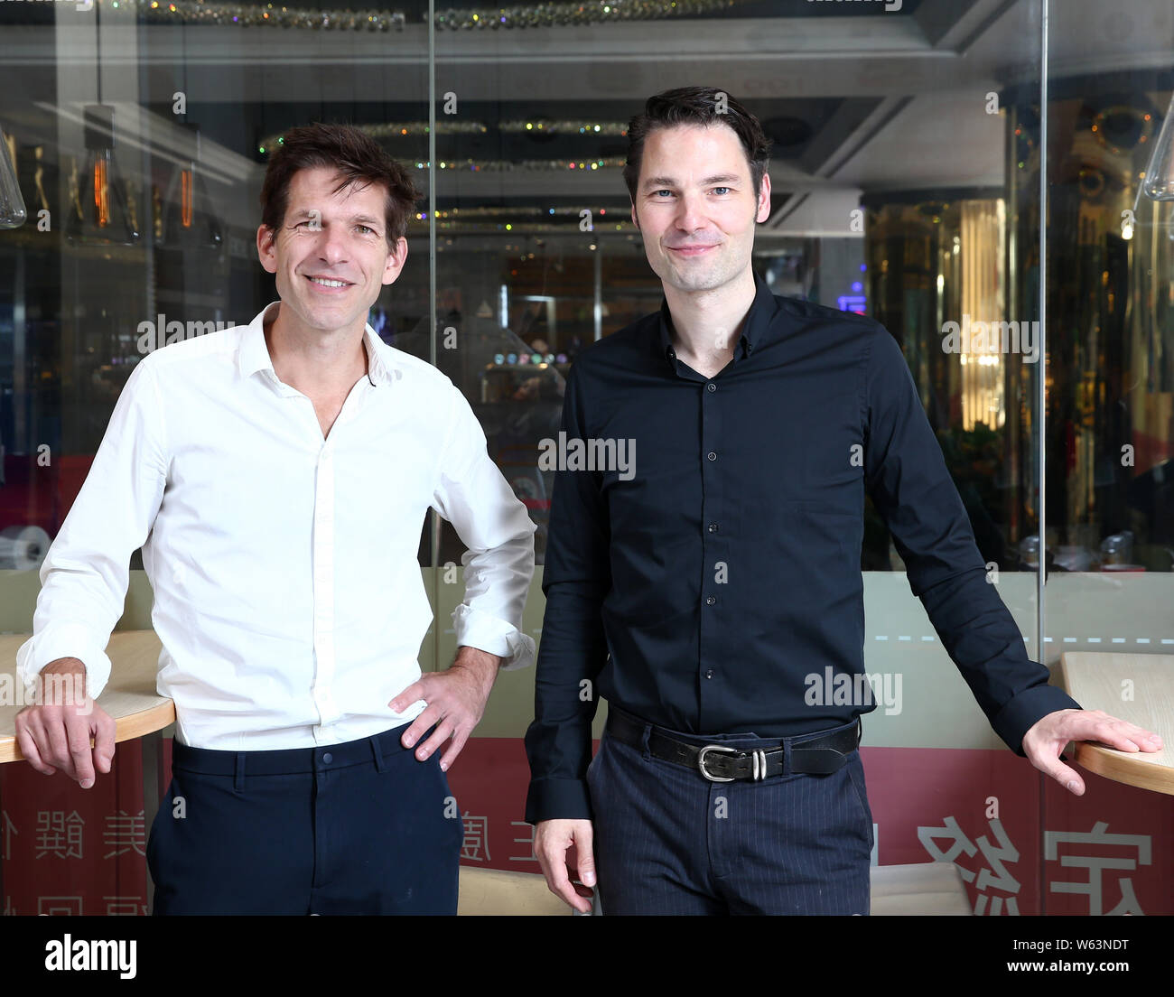 **TAIWAN OUT**German pianists Andreas Kern, left, and Paul Cibis pose at an interview before their Taiwan concert tour in Taipei, Taiwan, 31 August 20 Stock Photo
