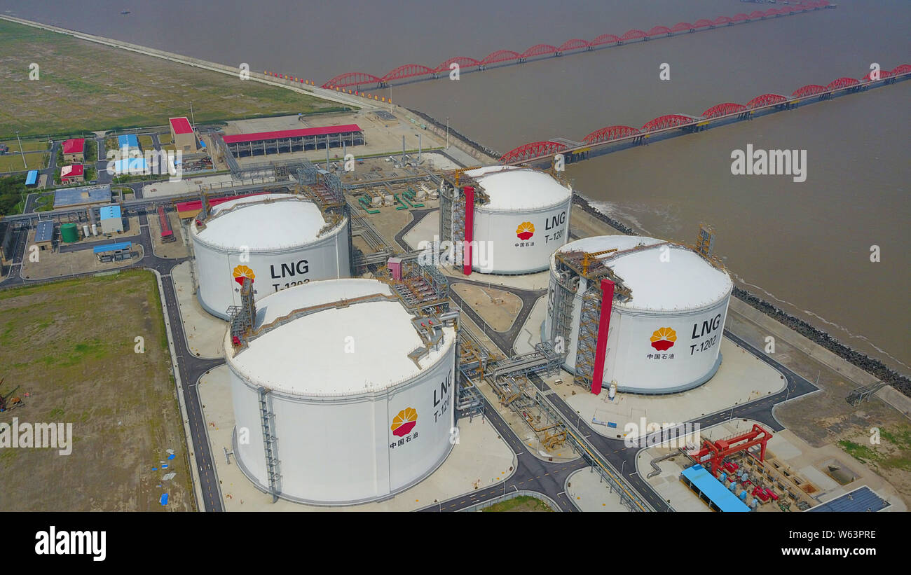 An aerial view of liquefied natural gas (LNG) storage tanks at the Rudong LNG terminal of CNPC (China National Petroleum Corporation), parent company Stock Photo