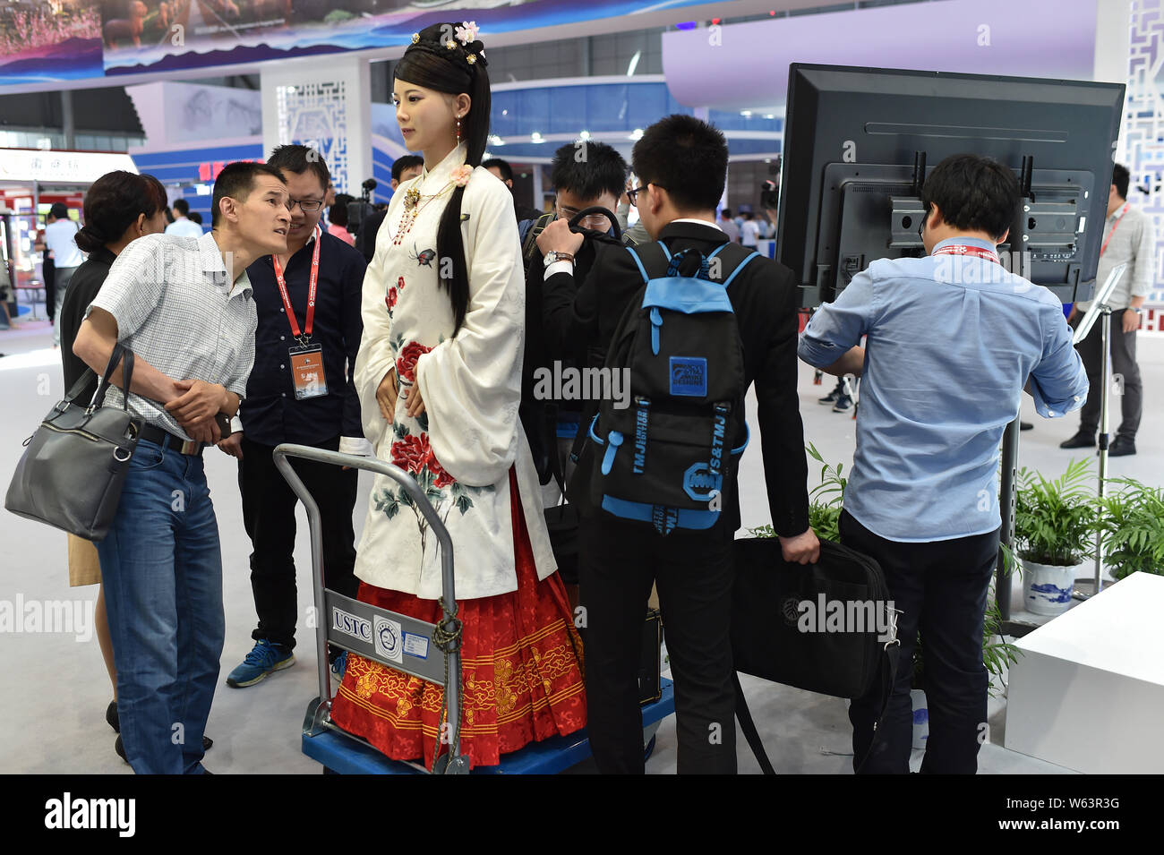 China's first advanced interactive robot Jia Jia interacts with visitors at the 10th Central China Investment and Trade Expo (Central China Expo 2017) Stock Photo