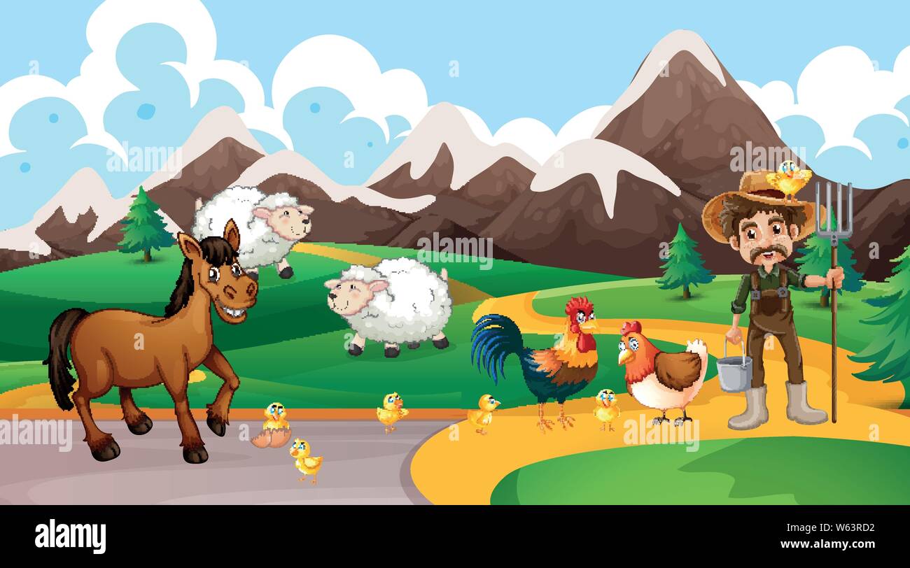 Farm animals and farmer scene illustration Stock Vector Image & Art - Alamy