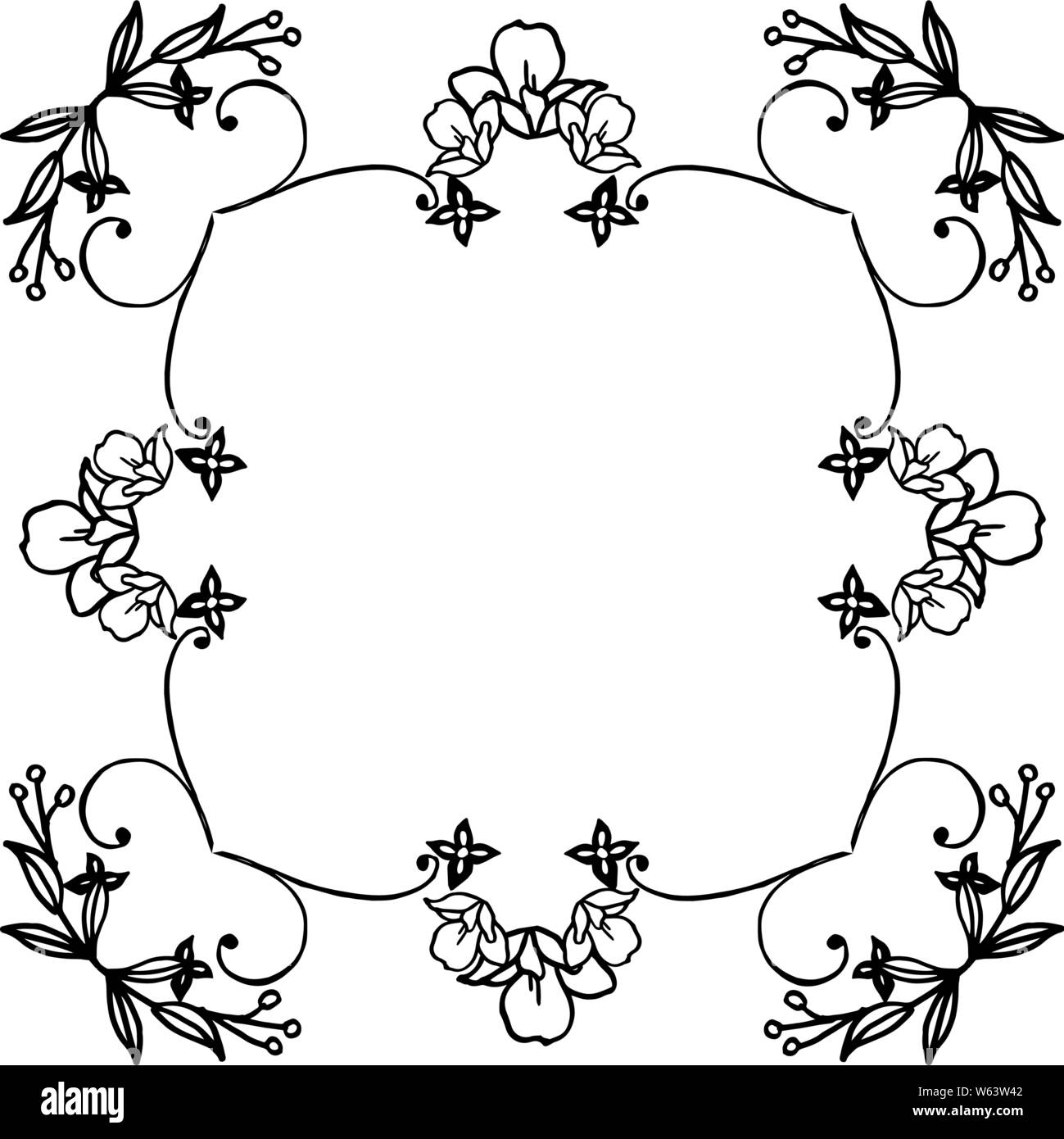 Black line art on white background, leaves and flower frame elegant ...