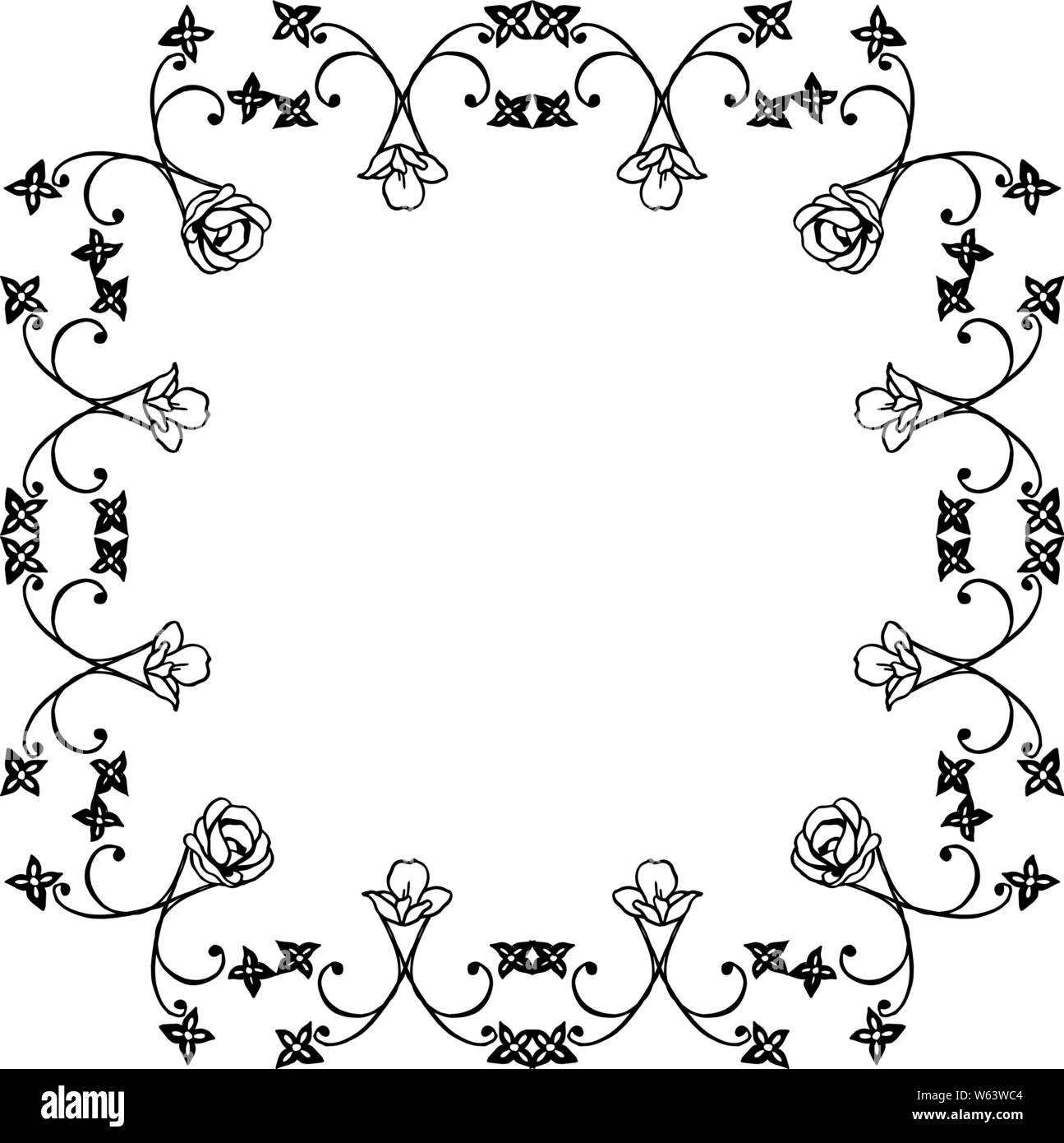 Black line art on white background, leaves and flower frame elegant ...