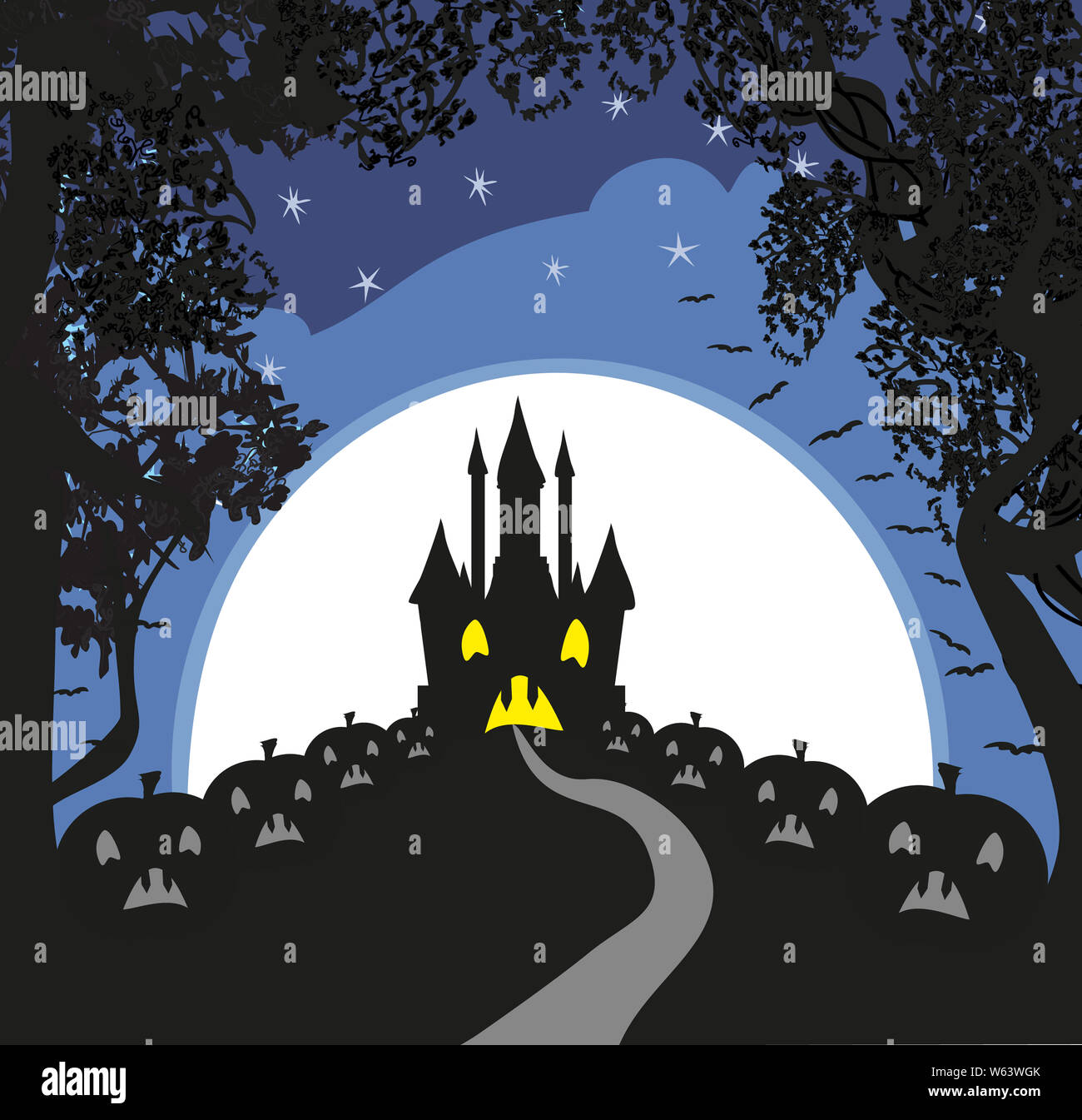 Halloween night background with scary pumpkins and haunted castle Stock ...