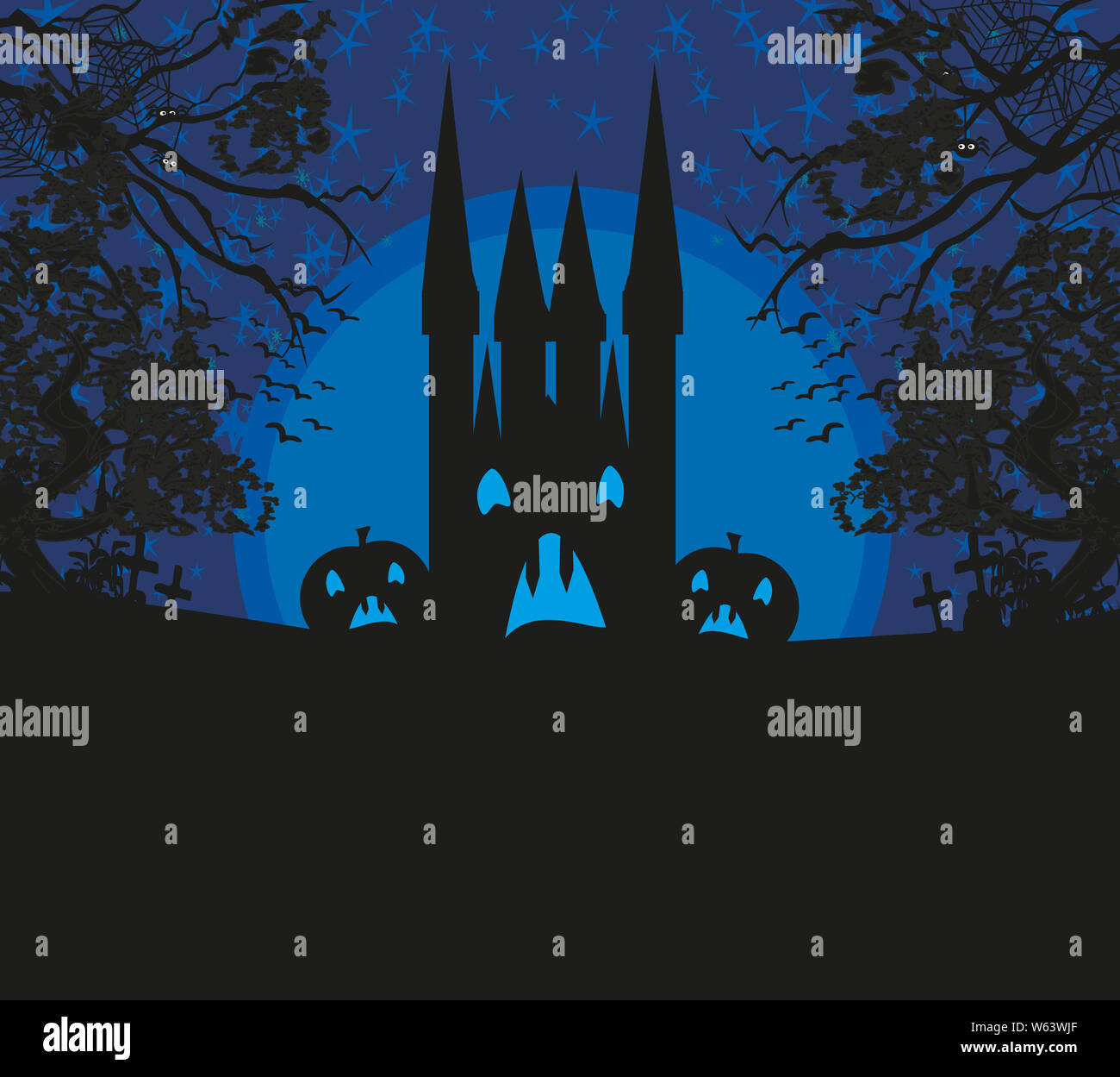 Halloween night background with scary pumpkins and haunted castle Stock ...
