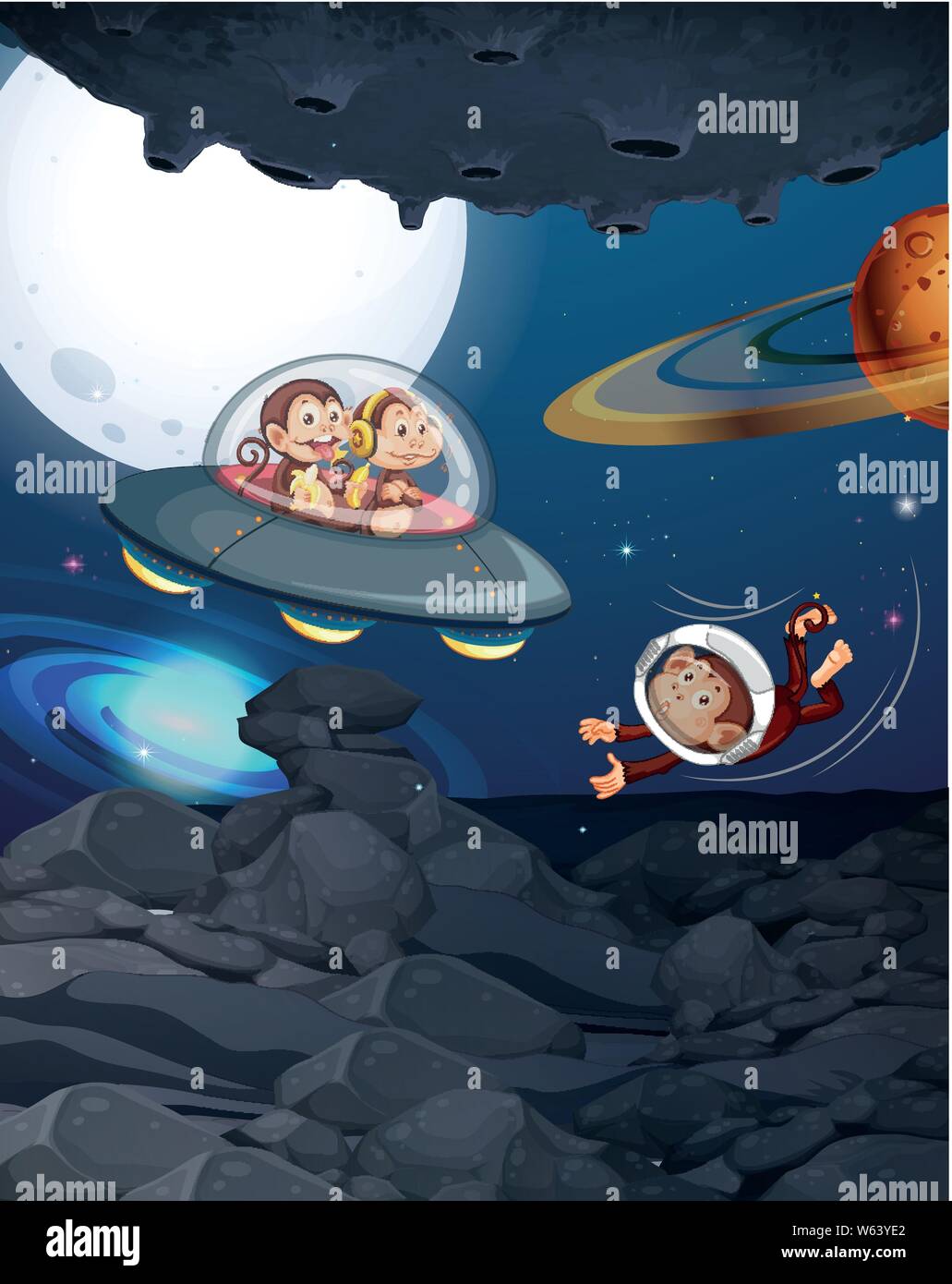 Monkeys playing in space setting illustration Stock Vector