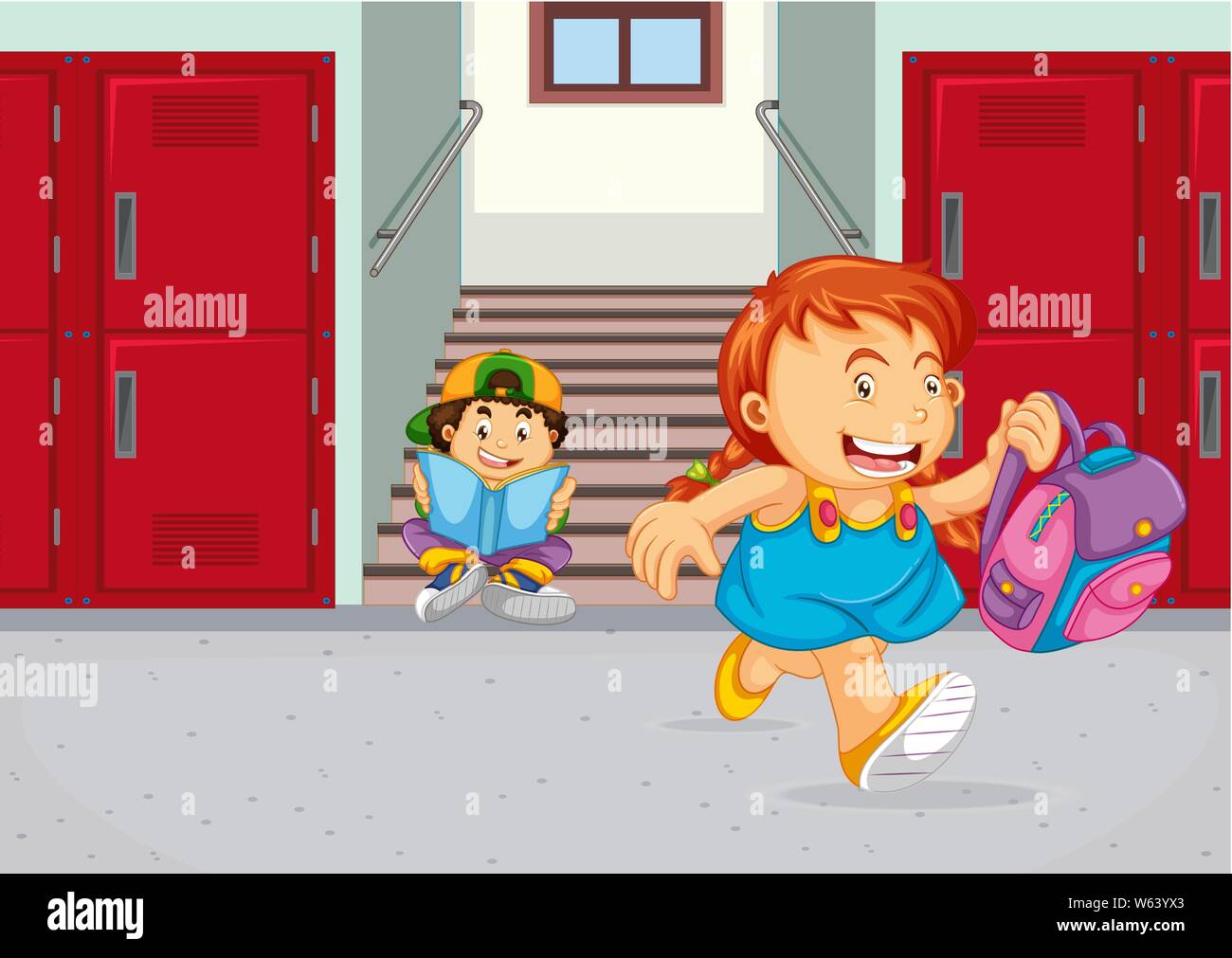 Girl running in school compound illustration Stock Vector