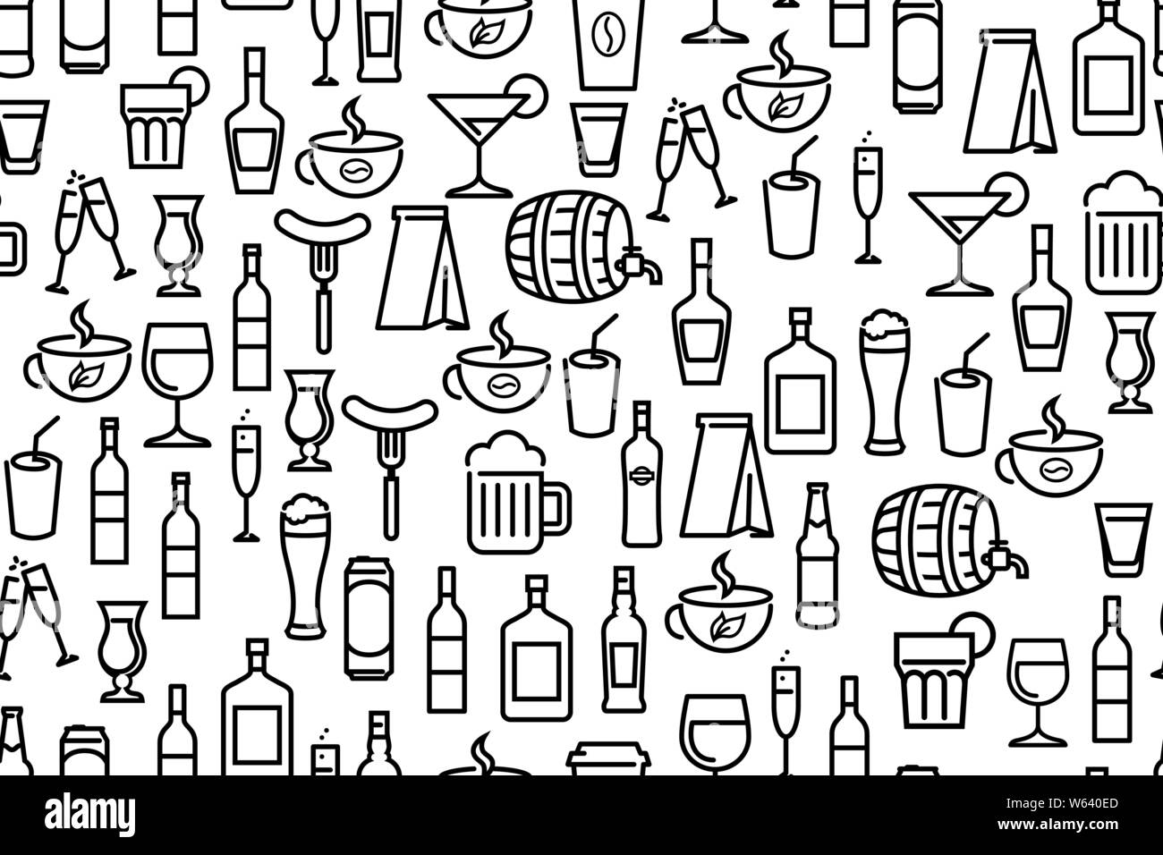 Vector Seamless pattern, Background with beverage and drinks. Line art wallpaper for decoration of cafe or bar. Stock Vector