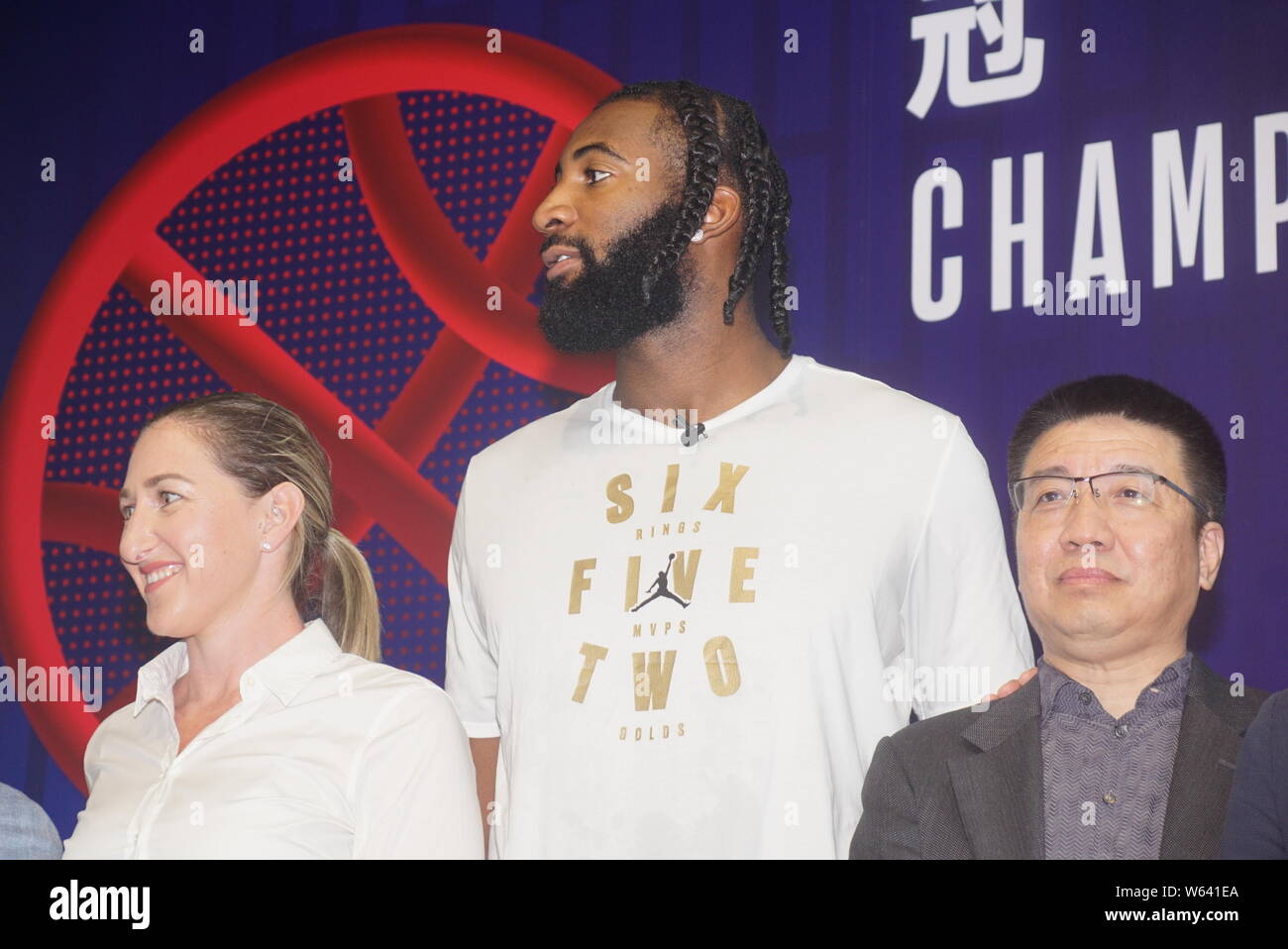 NBA star Andre Drummond of Detroit Pistons attends a press conference for the NBA Championship Exhibition in Shanghai, China, 31 August 2018. Stock Photo