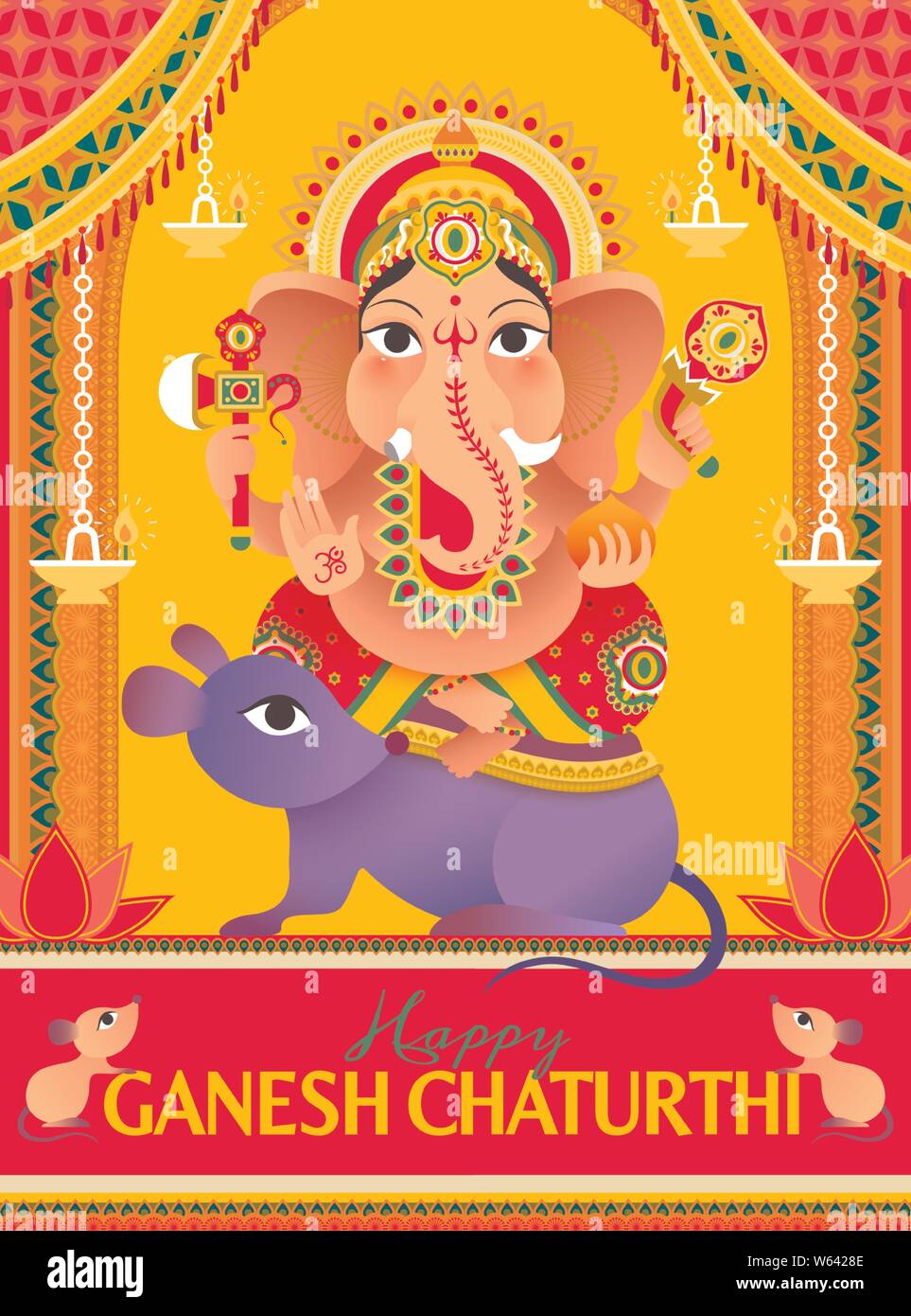 Ganesh Chaturthi festival poster with lovely Hindu god Ganesha riding