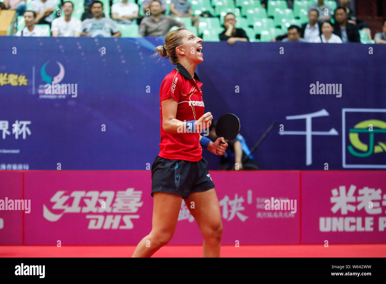 Elizabeta Samara of Romania reacts after defeating Dina Meshref of Egypt in their Women's Singles Group 2 Match 1 during the Uncle Pop 2018 ITTF Women Stock Photo