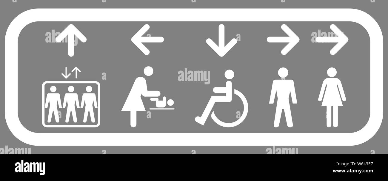Interior signage system for elevator and for restrooms: ladies, men, disabled, diaper changing toilet Stock Vector