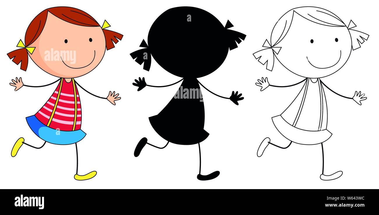 A set of characters in color, silhouette and outline illustration Stock Vector