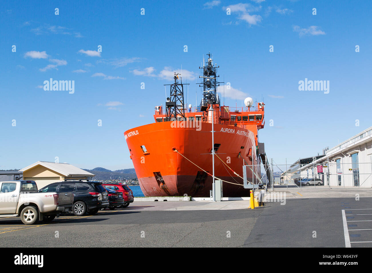 Hobart, Tasmania: April, 2019: Ice-Breaker Aurora Australis is owned by P&O Maritime Services. She cruises Antarctic waters conducting research. Stock Photo