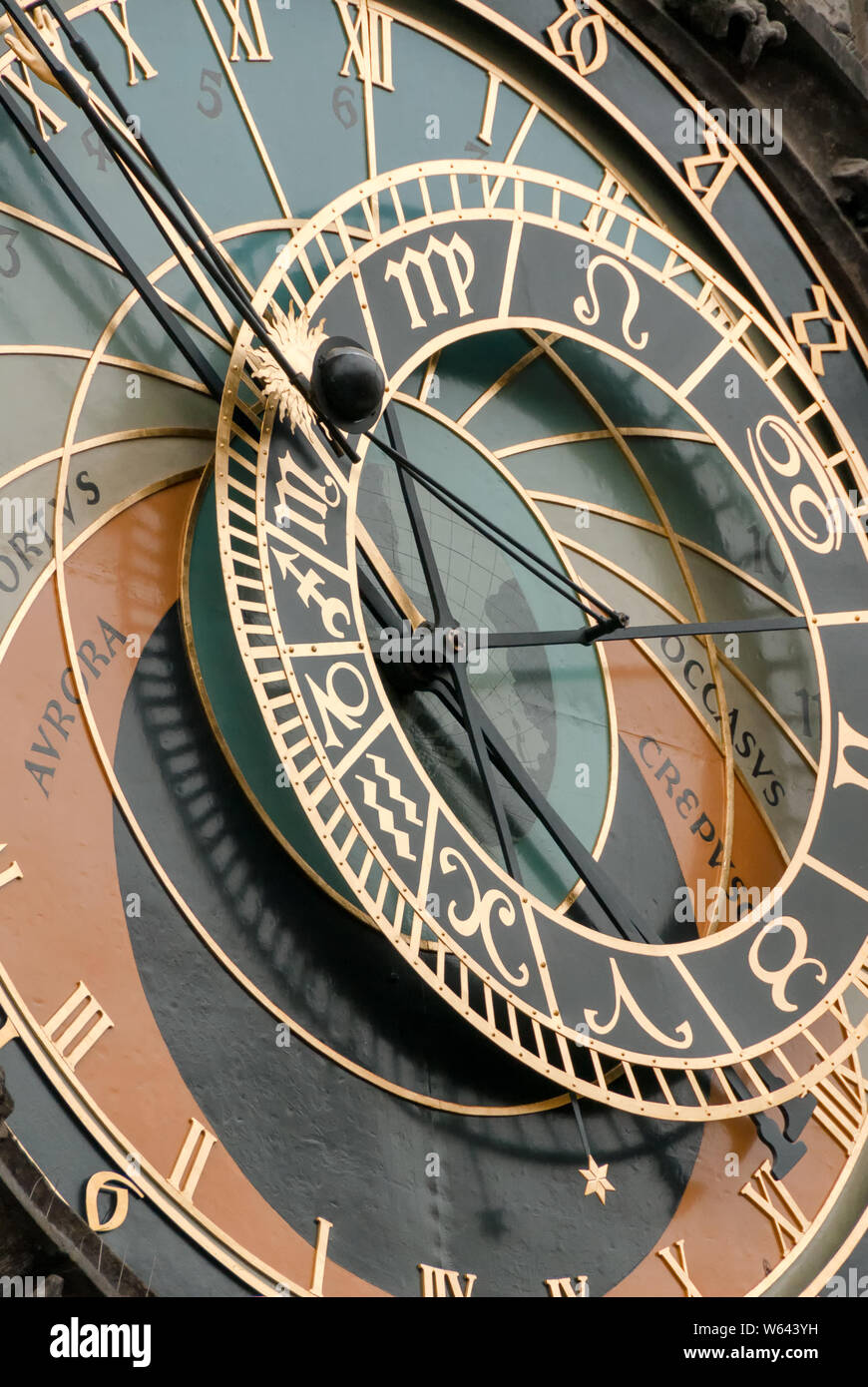 Closeup of the face of the Prague Astronomical Clock Stock Photo