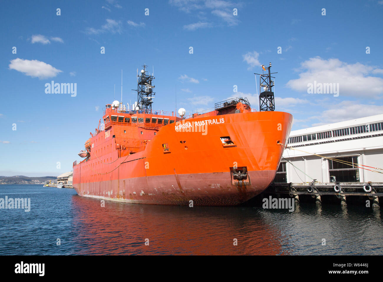 Hobart, Tasmania: April, 2019: Ice-Breaker Aurora Australis is owned by P&O Maritime Services. She cruises Antarctic waters conducting research. Stock Photo