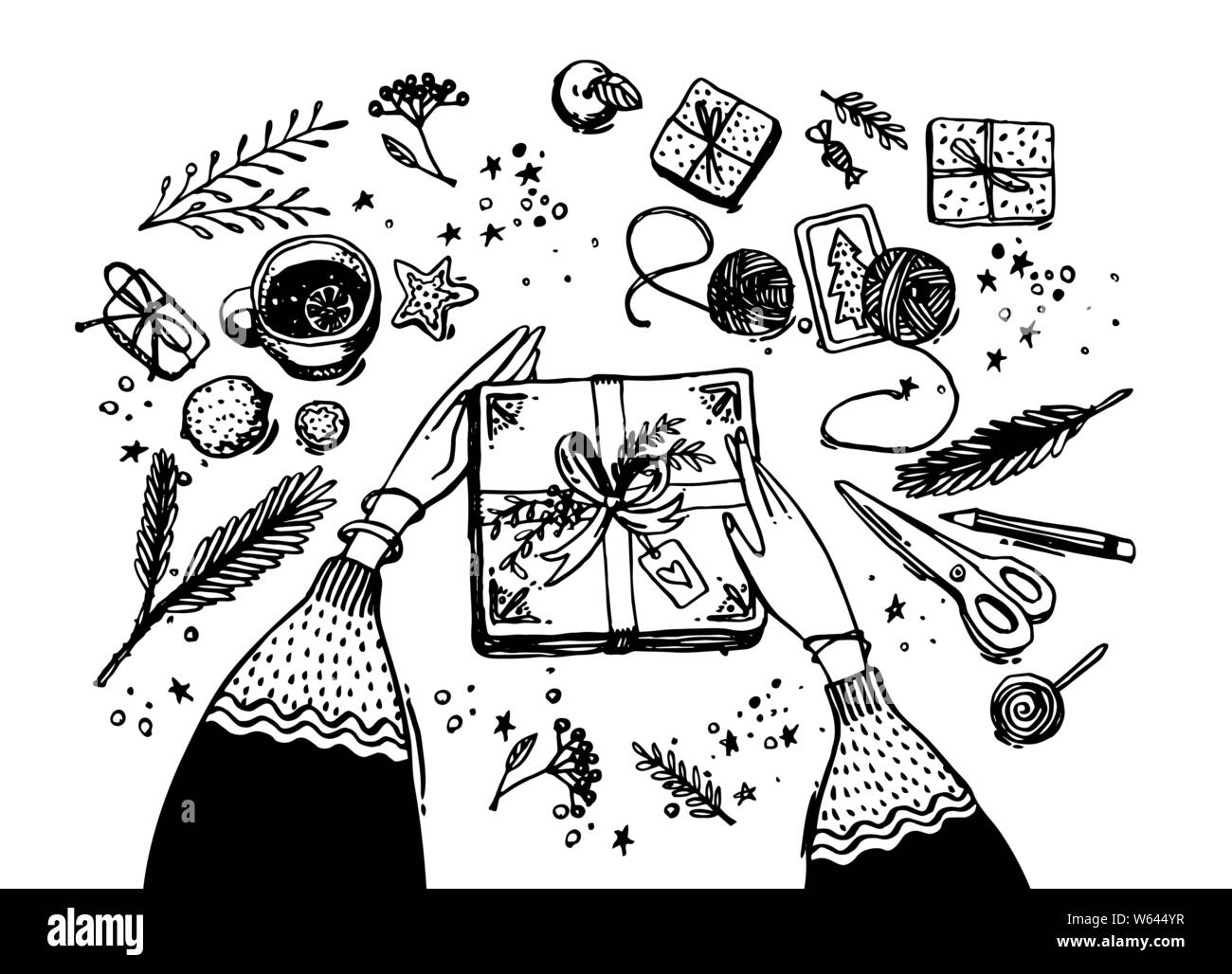 Creative hobby. Gift wrapping. Packaging modern christmas present boxes. Top view of hands on table with fir tree branches, decoration. Vector doodle sketch isolated on white background. Stock Vector