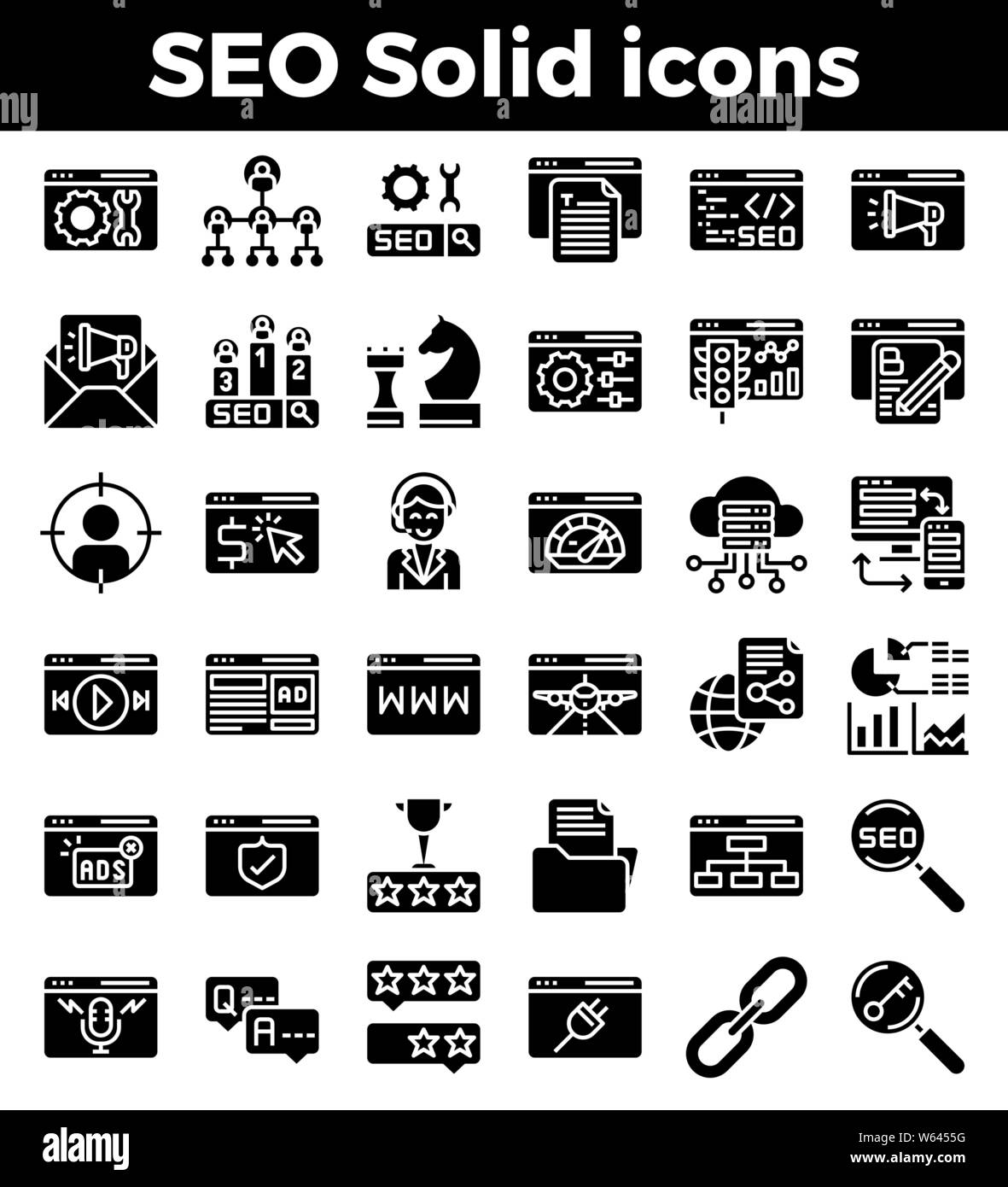 SEO Search engine optimization solid icons. Vector illustration Stock 