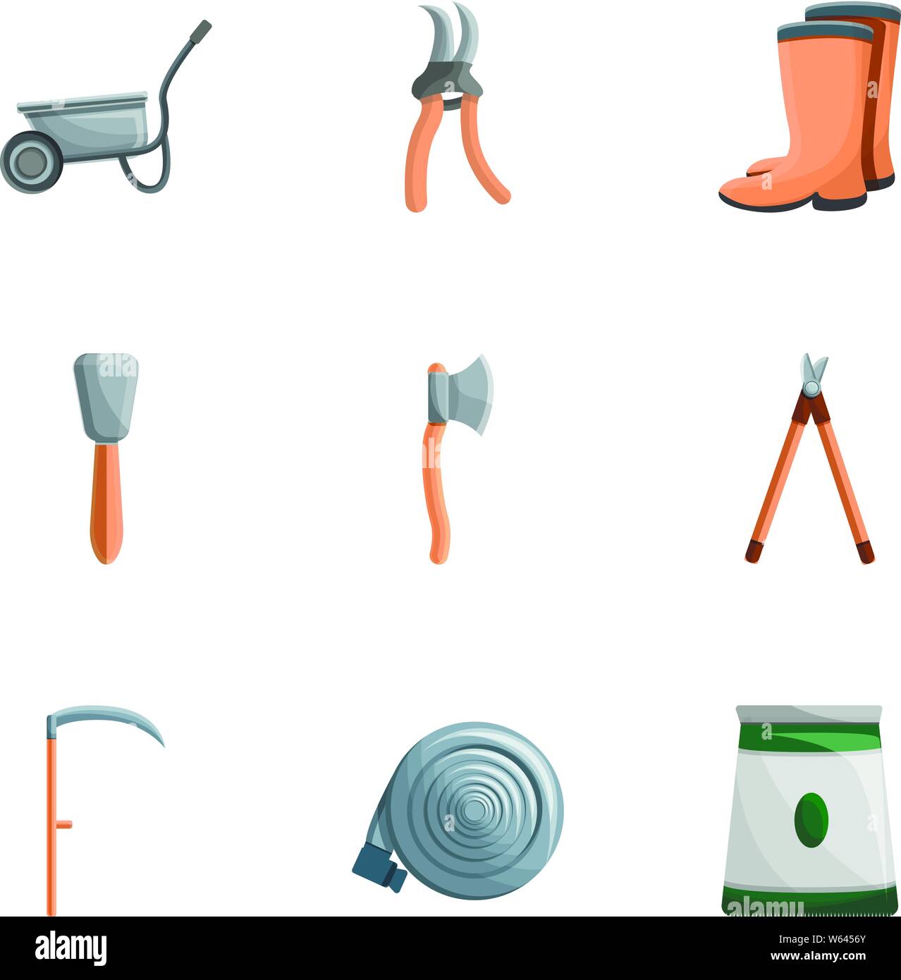 Garden work tools icon set. Cartoon set of 9 garden work tools vector icons for web design isolated on white background Stock Vector