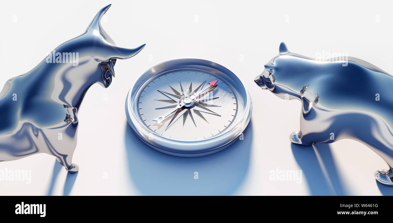 Bull and bear looking at a compass - 3D illustration - Bulle und Bär Stock Photo