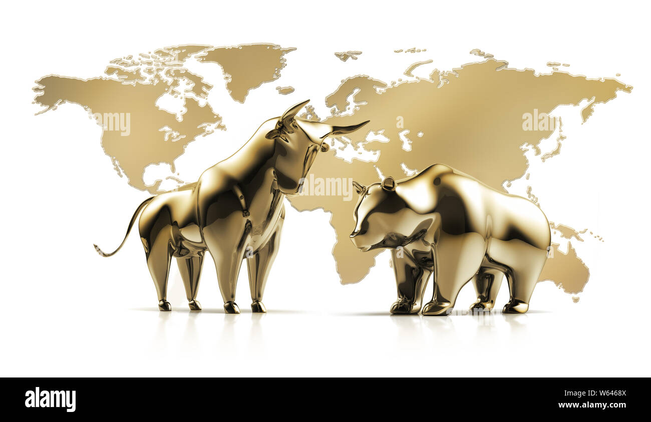 Golden bull and bear and map of the world - 3D illustration - Bulle und Bär Stock Photo