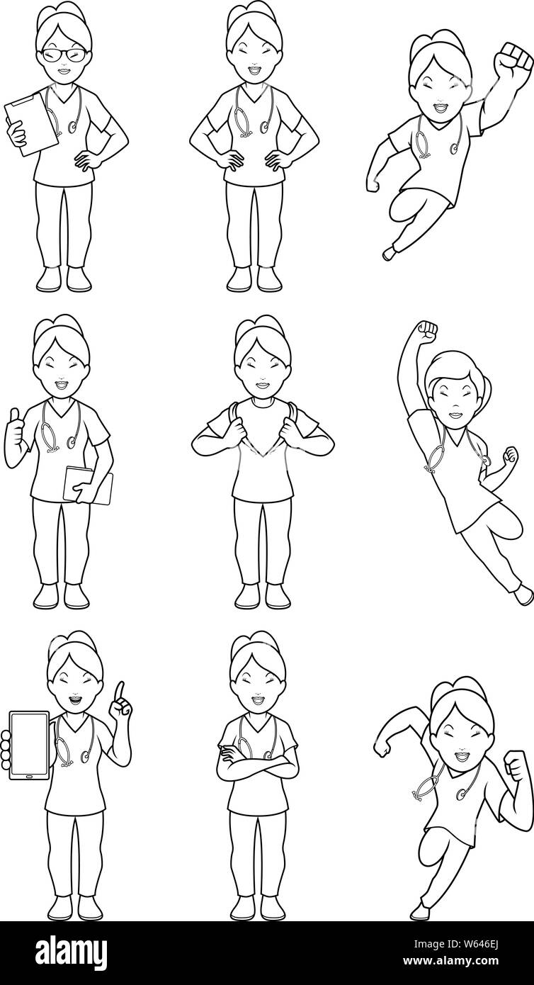 Nurse Asian Female Line Art Stock Vector