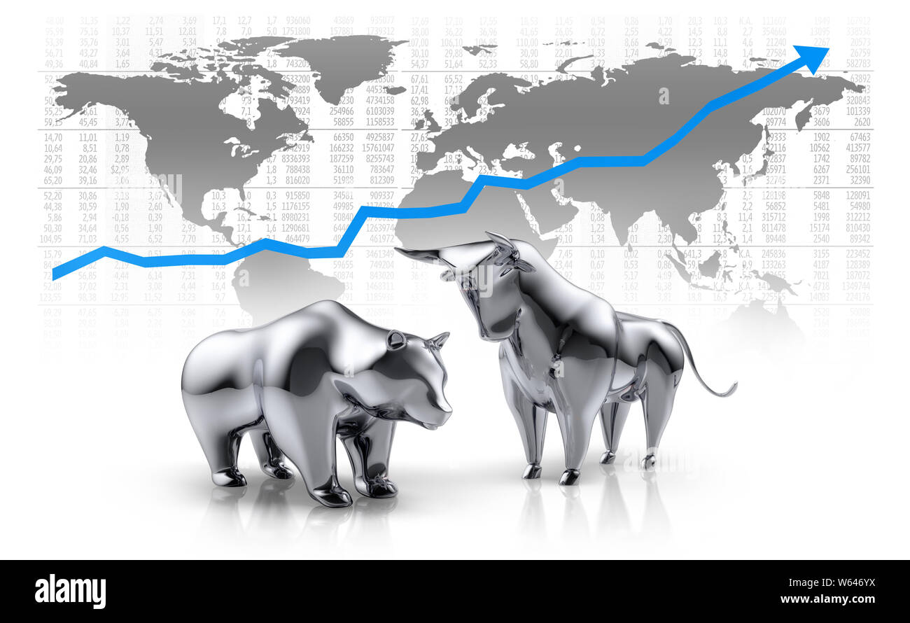 Silver bull and bear on a white background with a world map - 3D illustration - Bulle und Bär Stock Photo