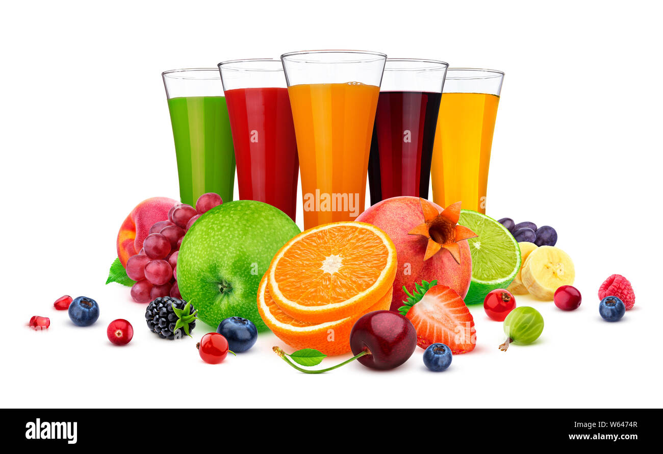 Glasses of different juices and pile of fruits and berries isolated on white background, collection of fresh and healthy drinks Stock Photo