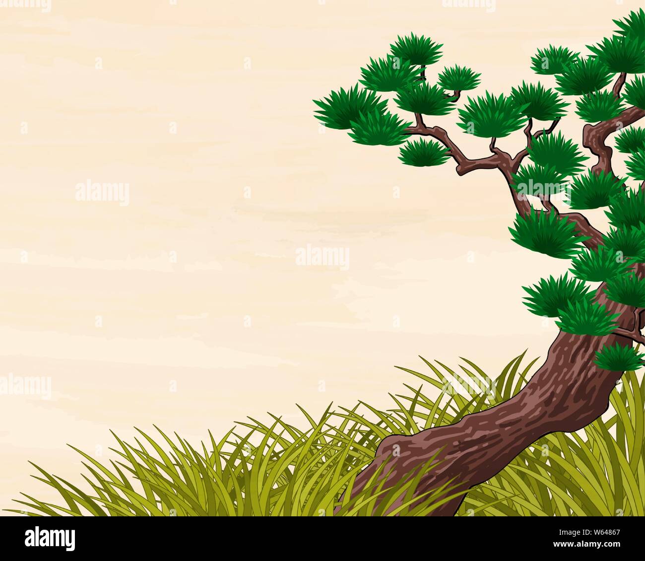 Traditional Japan pine tree scenery with grass Stock Vector