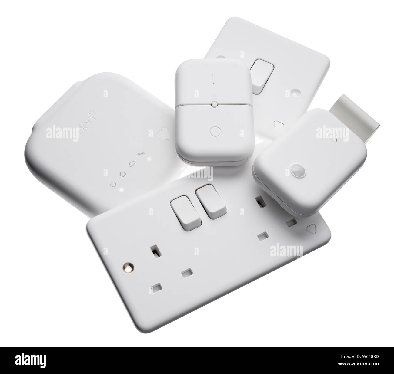 Smart home motion sensor. Den Smart Home wall socket, light switch and motion sensor kit. Stock Photo