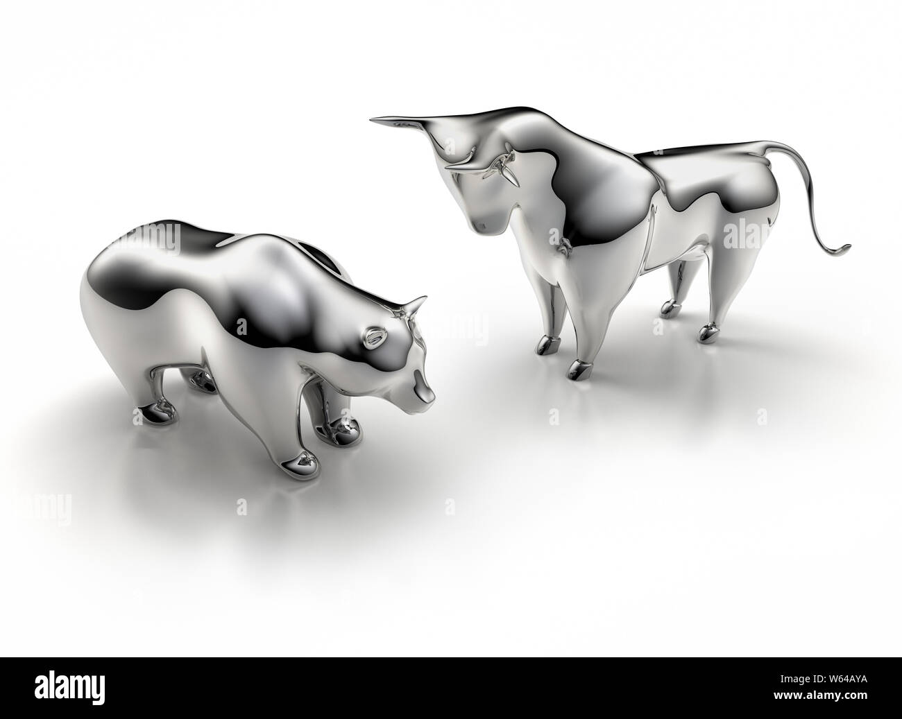 Silver bull and bear on a white background - 3D illustration - Bulle und Bär Stock Photo