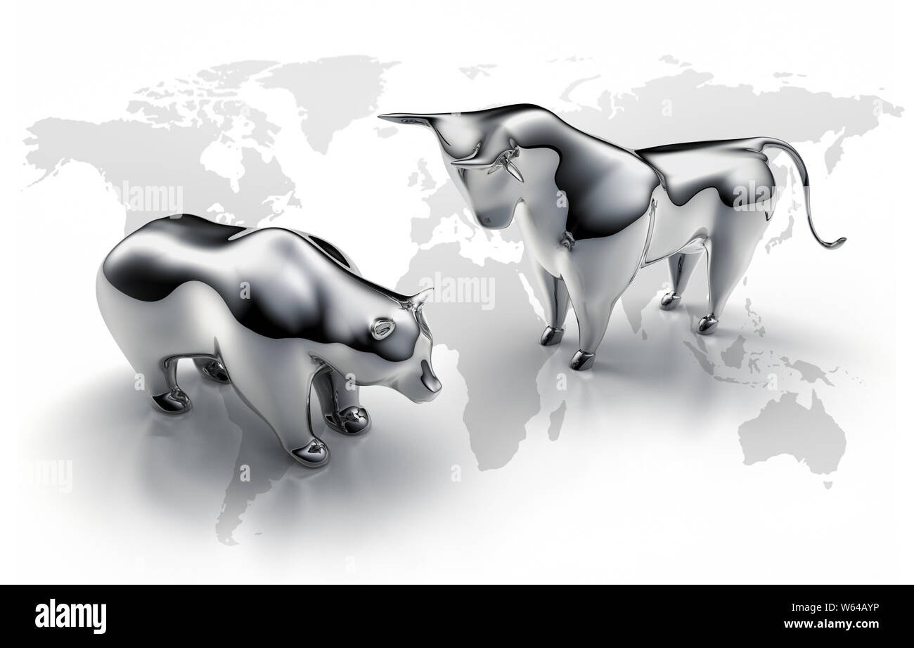 Silver bull and bear on a white background with a world map - 3D illustration - Bulle und Bär Stock Photo