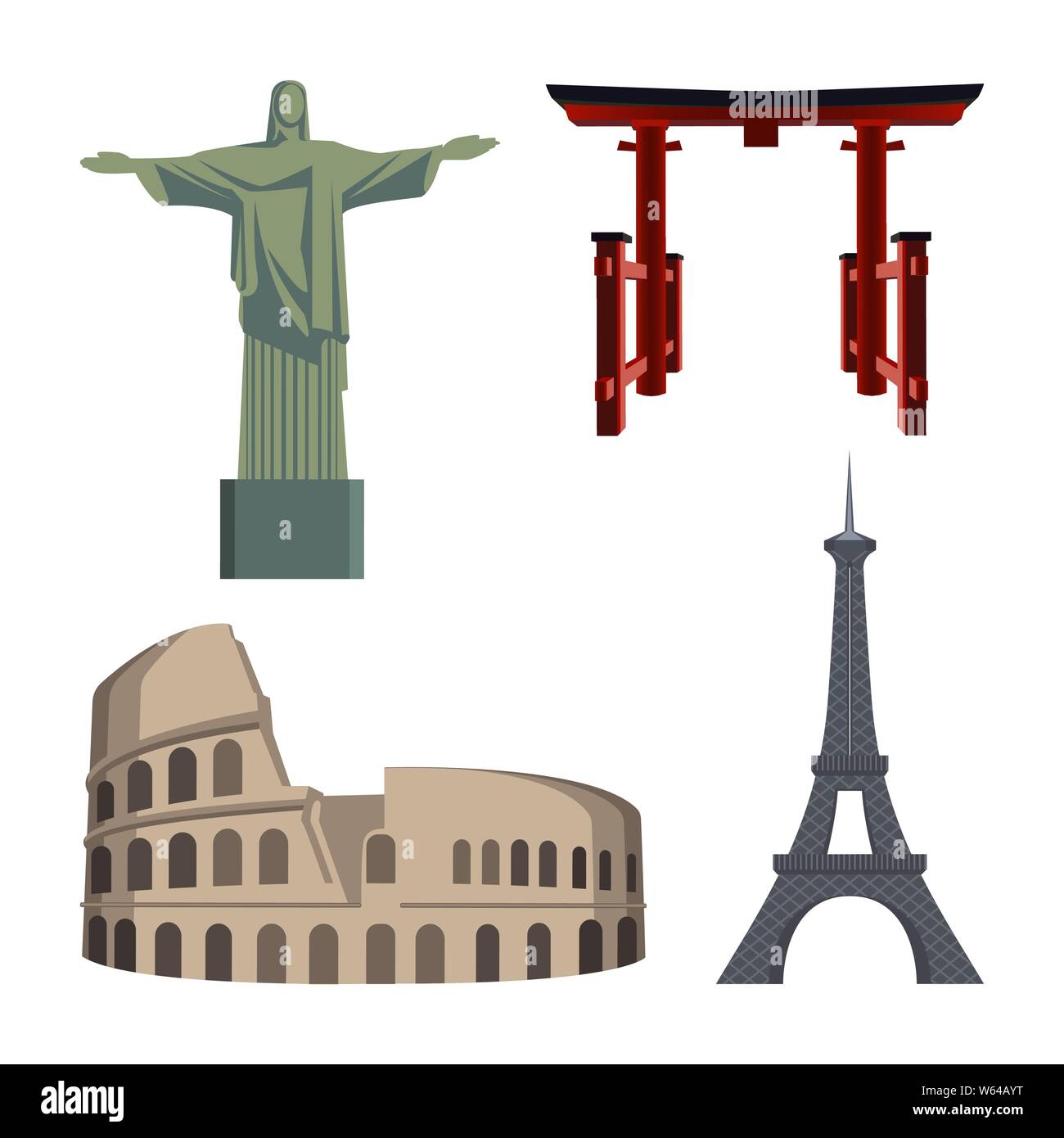 Christ Statue, Coliseum, Eiffel Tower, Portal or Tori gate Stock Vector